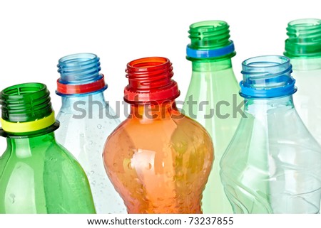 close up of  used plastic bottles on white background with clipping path