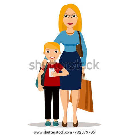 Young mother hugging her son. Busy mom holds child and shopping bags. Boy with mobile phone.Family portrait.Vector illustration of full body detailed characters in a flat style, isolated on white