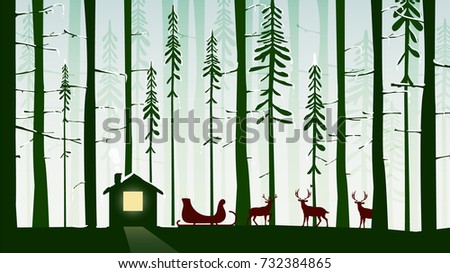 Santa’s sleigh and Reindeer standing in winter forest. Landscape Silhouette in flat design background vector