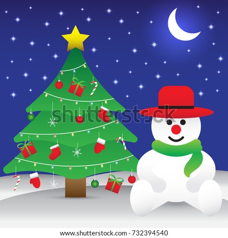 Vector Illustration Of Merry Christmas, Happy Chubby Snowman Is Sitting Comfortably On Snowy Ground Next To A Christmas Tree With Full Of Decoration At Night Time With Shinning Crescent Moon And Stars