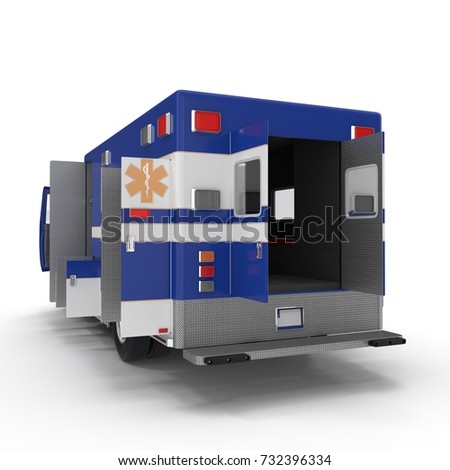 Emergency ambulance car with opened doors isolated on white. 3D Illustration
