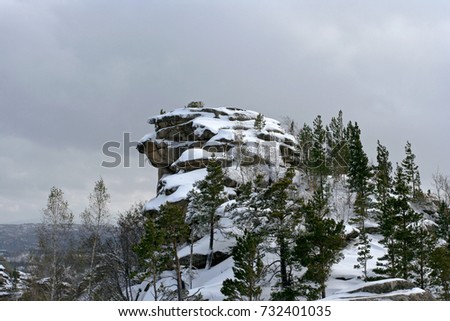 Landscape with the snow-covered rock and pines on the cloudy winter day. This photo was taken in Altai region, Russia. 