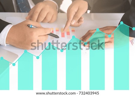 with group brainstorming on meeting and presenting ideas on digital stock market financial positive indicator background. Double exposure of Team businessman and visual futuristic digital computer
