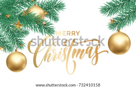 Merry Christmas greeting card of golden decorations on Christmas pine or fir tree and gold calligraphy text on white background. Vector golden lettering design for New Year winter holiday season.