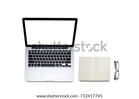 Top view, Working desk, computer, laptop with blank screen, smart phone, coffee, mug, glasses and notebooks on white background with copyspace for text.