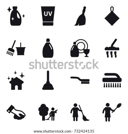 16 vector icon set : cleanser, uv cream, broom, rag, bucket and broom, dish cleanser, vacuum cleaner, house cleaning, plunger, brush, wiping, garden cleaning, brooming, woman with pipidaster