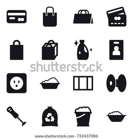 16 vector icon set : card, shopping bag, credit card, cleanser, identity card, power socket, washing, window, garbage bag, foam bucket, foam basin
