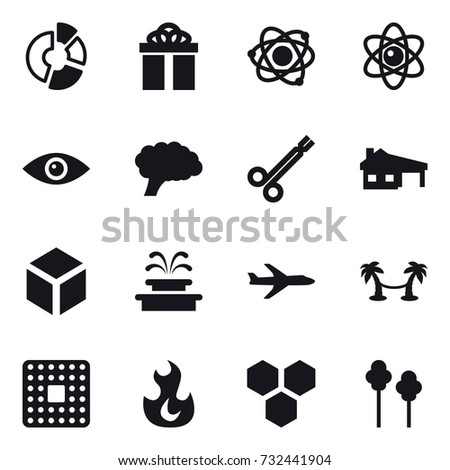 16 vector icon set : circle diagram, gift, atom, house with garage, 3d, fountain, plane, palm hammock, honeycombs, trees