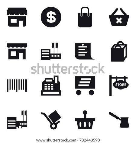16 vector icon set : shop, dollar, shopping bag, delete cart, store, shopping list, barcode, cashbox, delivery, store signboard, mall, turk