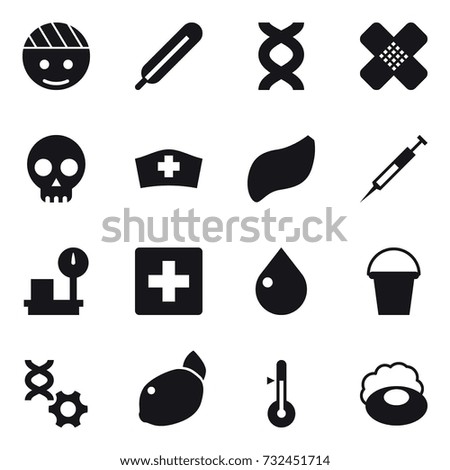 16 vector icon set : first aid, drop, bucket, thermometer, soap