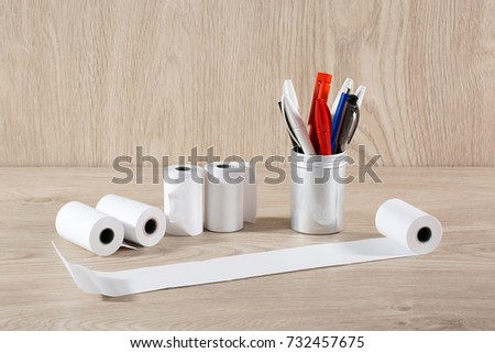 background, business, desk, paper roll, paper clip, pen