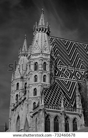 Details of architecture on st. Stephen cathedral in Vienna city, Austria in b/w