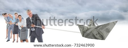 Digital composite of Business people pulling paper money dollar boat
