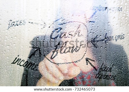 business woman point her finger to window glass writing concept of cash flow