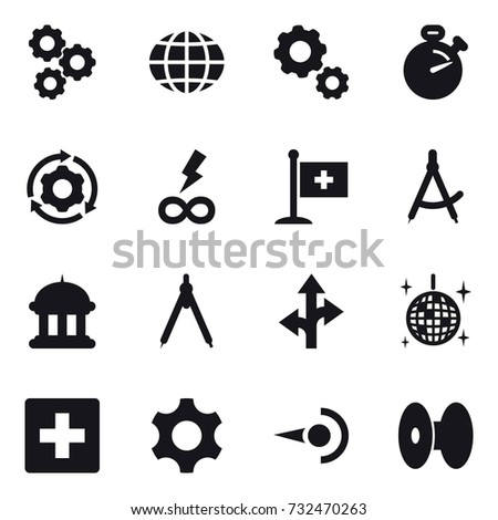16 vector icon set : gear, globe, stopwatch, around gear, infinity power, draw compass, goverment house, drawing compass, disco ball, first aid
