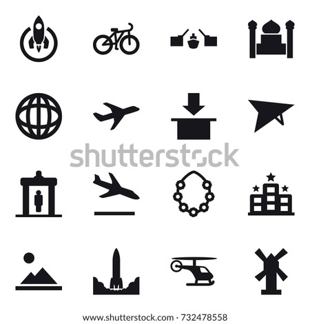 16 vector icon set : rocket, bike, drawbridge, minaret, deltaplane, detector, arrival, hawaiian wreath, hotel, landscape, windmill