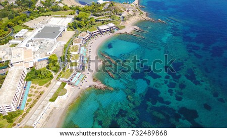 Aerial birds eye view photo taken by drone of exotic tropical resort with turquoise clear waters