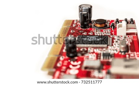 Circuit board with condenser and microchips closeup with copy space electronic, copper cables, macro isolate white background