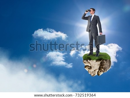 Digital composite of Businessman with binoculars on floating rock platform in sky