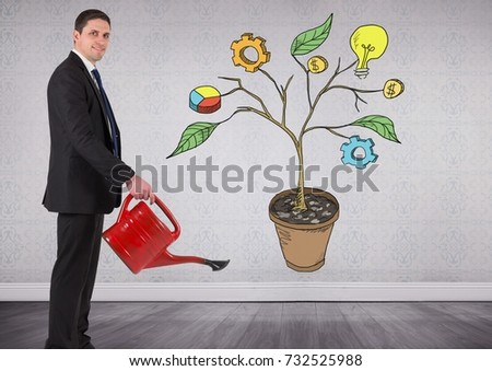 Digital composite of Man holding watering can and Drawing of Business graphics on plant branches on wall