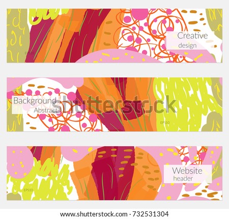 Hand drawn creative universal banner set. Abstract scribbles doodles bright colors. Website header social media advertisement sale brochure templates. Isolated vector banner templates.