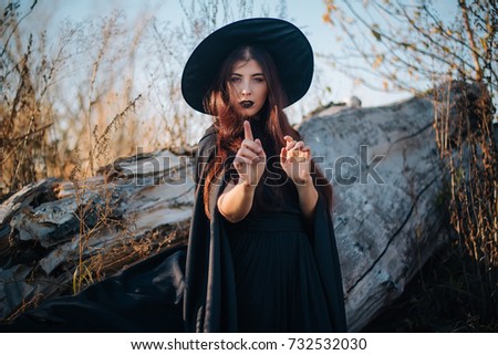 A young witch with pale skin and black lips, wearing a black hat, dress and cloak. In autumn, against the background of a fallen tree, yellow, dried grass and blue sky. halloween, magic, fantasy image