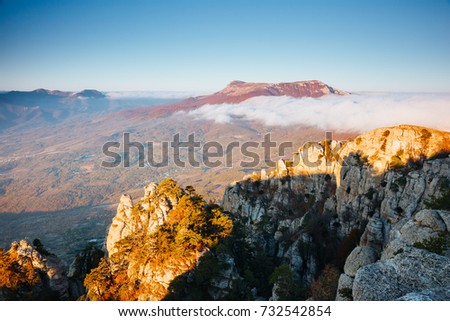 Picture of a scenic valley in morning light. Location Crimea, Crimean peninsula, Ukraine, Europe. Perfect wallpapers. Discover the beauty of earth. Great photo of wild area. Concept of active tourism.
