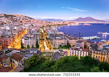 Panoramic scenic view of Naples at night, Campania, Italy Royalty-Free Stock Photo #732553141