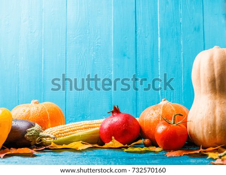 Image of pumpkins, tomato, pomegranate, autumn leaves on blue wooden background