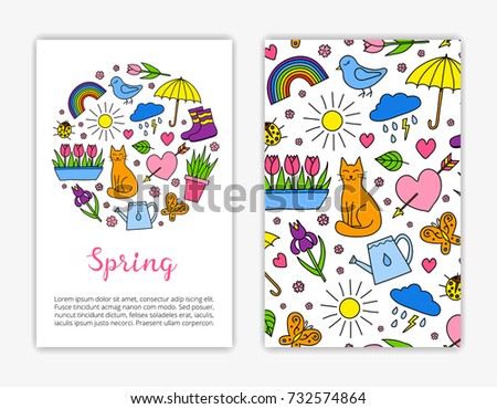 Card templates with hand drawn colorful spring items. Used clipping mask.