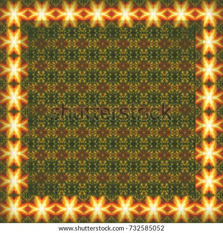 Yellow bright lights of stars of candles on a green background of patterns, drawing paint, hand-made texture for the festive design of Christmas or Diwali