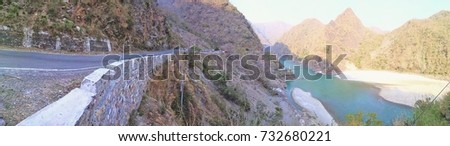 Header image. Nice panoramic photo. Beauty of India. Ganga and Himalayan mountains. 
Header background.