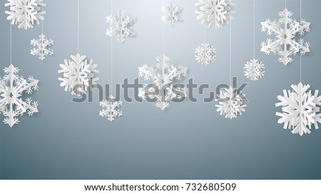 Christmas card with paper snow flake. Falling snowflakes on a dark blue winter background. Vector illustration. Merry Christmas, New Year design. EPS 10.