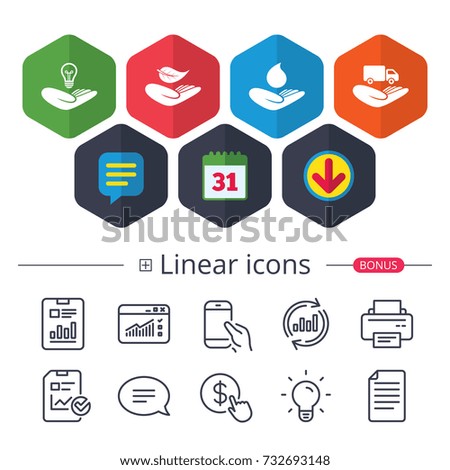 Calendar, Speech bubble and Download signs. Helping hands icons. Intellectual property insurance symbol. Delivery truck sign. Save nature leaf and water drop. Chat, Report graph line icons. Vector