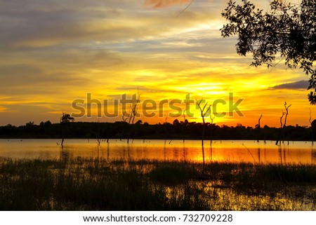 Sunset beautiful twilight in lagoon at Mukdahan national park county of,Thailand
