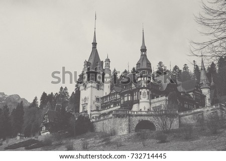 Peles Castle at winter time. Black and white picture