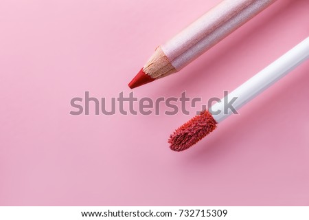 Brush for make-up of lips and pencil for make-up of lips close-up on a pink background. Copyspace Royalty-Free Stock Photo #732715309