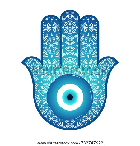 Ornate  Hamsa, amulet against the evil eye and spoilage. Popular Arabic and Jewish amulet. Vector illustration. Mystic, alchemy, occult concept. Astrology, esoteric, religion. Royalty-Free Stock Photo #732747622