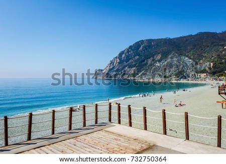 Landscape of beautiful Monterosso al mare beach of Cinque Terre, famous mediterranean sea village of Italy