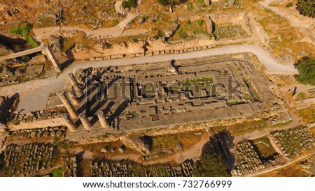 Aerial bird's eye view photo taken by drone of archaeological site of ancient Delphi, site of temple of Apollo and the Oracle, Voiotia, Greece