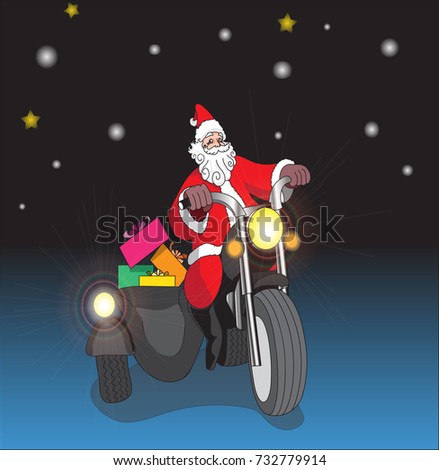 Santa claus rides big motorcycle in night background (vector).