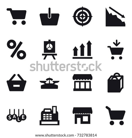 16 vector icon set : cart, basket, target, crisis, percent, presentation, graph up, add to cart, remove from basket, scales, market, shopping bag, sale, cashbox, shop