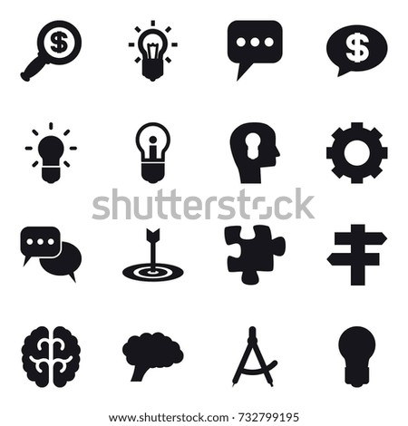16 vector icon set : dollar magnifier, bulb, message, money message, bulb head, gear, discussion, target, puzzle, singlepost, draw compass