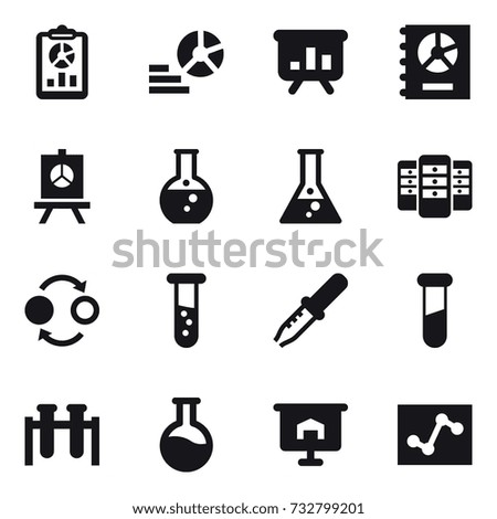 16 vector icon set : report, diagram, presentation, annual report, round flask, flask, server, quantum bond, vial
