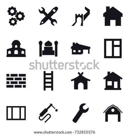 16 vector icon set : gear, pencil wrench, greate wall, home, mansion, minaret, house with garage, window, brick wall, stairs, bungalow, wrench, barn