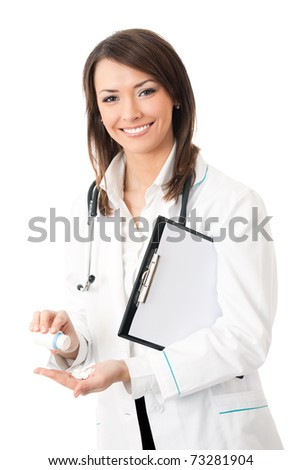 Happy smiling female doctor with medical drug, isolated on white background