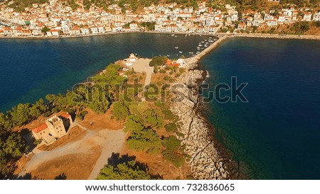 Aerial birds eye view photo taken by drone of picturesque village of Gytheio, Lakonia, Peloponnese, Greece