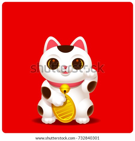 Vector cute Maneki-neko, lucky cat character with golden coin on red color background.