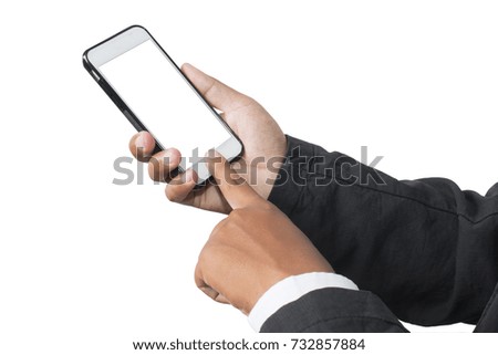 closeup business hand use phone mobile isolated on graphic  background