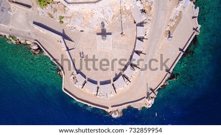 Aerial birds eye view photo taken by drone of pictruesque island of Hydra, Saronic gulf, Greece